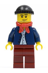 Male in Dark Blue Jacket Minifigure - Minifigure with a dark blue jacket, light blue shirt, dark red legs, red bandana, and a black knit cap - twn148