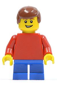Boy Minifigure - Minifigure with plain red torso and arms, blue short legs, wearing reddish brown male hair - twn152