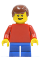 Minifigure with plain red torso and arms, blue short legs, wearing reddish brown male hair - twn152
