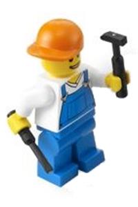 Worker in Blue Overalls Minifigure - Minifigure wearing blue overalls over a V-neck shirt with blue legs and an orange short bill cap - twn153