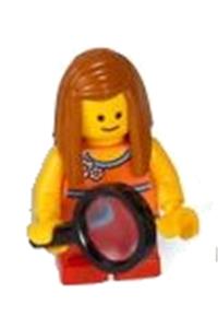 Girl Minifigure - Girl child with orange torso halter top adorned with medium blue trim and flowers pattern, with short legs - twn161