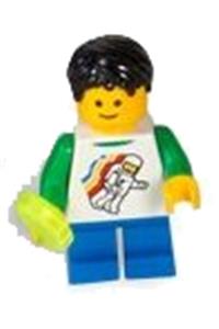 Boy Minifigure - Boy in classic space minifigure attire with floating pattern, blue short legs, and black tousled hair - twn162