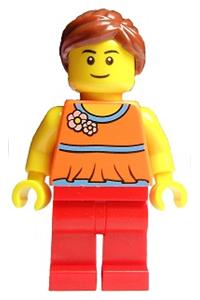Female Minifigure - Minifigure with red legs, wearing an orange halter top with medium blue trim and flowers pattern, and sporting a reddish brown ponytail with swept sideways fringe - twn172