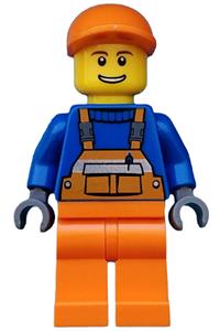 Construction Worker Minifigure - Minifigure wearing orange overalls with safety stripe, orange legs, an orange short bill cap, and a thin grin with teeth - twn174