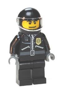 Police Officer Minifigure - City police minifigure wearing a black helmet with a trans-clear visor and a leather jacket with a gold badge - twn182