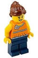 Minifigure with a ponytail and swept fringe, wearing an orange halter top with blue trim, matched with dark blue legs - twn185