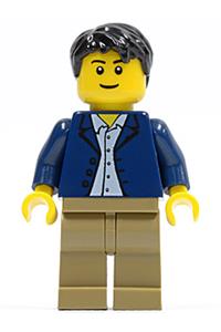 Male in Dark Blue Jacket Minifigure - Minifigure with a dark blue jacket over a light blue shirt, black male hair, and dark tan legs - twn186