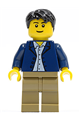 Minifigure with a dark blue jacket over a light blue shirt, black male hair, and dark tan legs - twn186