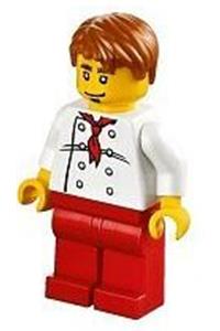 Chef Minifigure - Chef with a white torso with 8 buttons, red legs, and dark orange short tousled hair - twn187