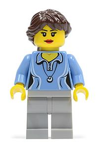 Female Minifigure - Female minifigure with a medium blue shirt featuring two buttons and a shell pendant, light bluish gray legs, and a dark brown ponytail in a long French braid - twn188