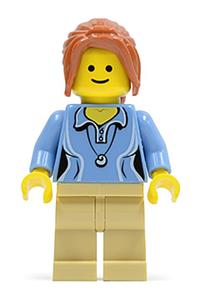 Female Minifigure - Female minifigure wearing a medium blue shirt with two buttons and a shell pendant, tan legs, and dark orange long ponytail hair with side bangs - twn189