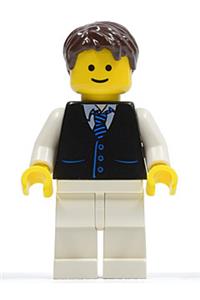 Male in Black Vest Minifigure - Minifigure with a black vest and blue striped tie, white legs, and dark brown short tousled hair - twn190