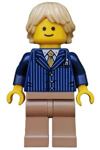 Businessman Minifigure - Businessman with pinstripe jacket, gold tie, tousled layered tan hair, and dark tan legs - twn191
