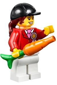 Red Riding Jacket Minifigure - Minifigure wearing a red riding jacket with award ribbon, white legs, and a black riding helmet - twn194