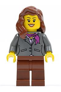 Female in Gray Jacket with Magenta Scarf - Minifigure wearing a dark bluish gray jacket with a magenta scarf, reddish brown legs, and reddish brown hair over shoulder - twn196