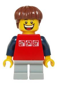 Boy Minifigure - Minifigure with red shirt featuring 3 silver logos, dark blue arms, light bluish gray short legs, and reddish brown hair - twn205