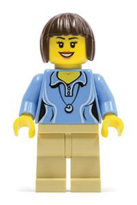 Female Minifigure - Female minifigure in medium blue shirt with two buttons and a shell pendant, tan legs, dark brown bob cut hair - twn207