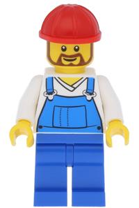 Overalls Blue over V-Neck Shirt, Blue Legs, Red Construction Helmet, Beard twn210