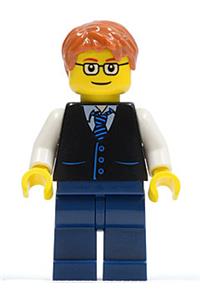 Male in Black Vest Minifigure - Minifigure with dark orange tousled hair, wearing a black vest with blue striped tie, white arms, and rounded glasses - twn211a