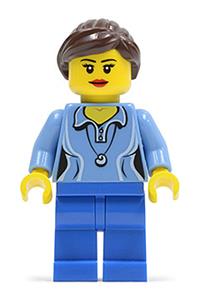 Female Minifigure - Female minifigure wearing a medium blue shirt with two buttons and a shell pendant, blue legs, dark brown ponytail, and swept sideways fringe - twn213