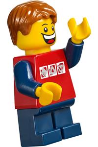 Boy Minifigure - Minifigure with red shirt featuring 3 silver logos, dark blue arms, short legs, and dark orange hair - twn214