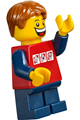 Minifigure with red shirt featuring 3 silver logos, dark blue arms, short legs, and dark orange hair - twn214