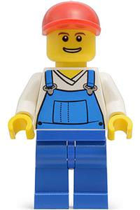 Male in Overalls Blue over V-Neck Shirt - Minifigure with blue overalls, V-neck shirt, blue legs, red short bill cap, and a grin with teeth - twn216