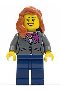 Female in Gray Jacket with Magenta Scarf - Minifigure wearing a dark bluish gray jacket with a magenta scarf, dark blue legs, and dark orange female hair over shoulder - twn217
