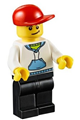 Minifigure is wearing a white hoodie with blue pockets, black legs, red short bill cap, and has a crooked smile - twn225