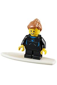 Girl in Wetsuit Minifigure - Minifigure with a wetsuit featuring a blue sign, black short legs, medium nougat ponytail, and swept sideways fringe - twn226