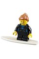 Minifigure with a wetsuit featuring a blue sign, black short legs, medium nougat ponytail, and swept sideways fringe - twn226