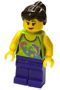 Female Lime Halter Top Minifigure - Female minifigure with lime halter top featuring dolphin pattern, dark purple legs, dark brown ponytail with swept sideways fringe, and pink lips - twn227