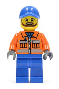 Sanitation Worker Minifigure - Construction Worker - Orange Zipper, Safety Stripes, Orange Arms, Blue Legs, Blue Cap with Hole - twn231