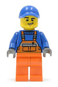 Sanitation Worker Minifigure - Minifigure with orange legs, wearing overalls with safety stripe, a blue cap with hole, and a lopsided grin - twn232