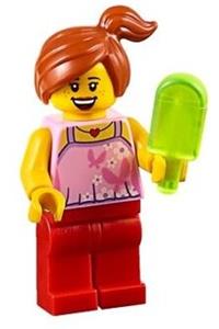 Child Minifigure - Child with bright pink top featuring butterflies and flowers, red legs, and an off-center ponytail - twn233