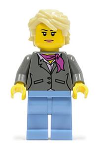Female Attendant Minifigure - Minifigure with dark bluish gray jacket and magenta scarf, tan hair, and medium blue legs - twn236