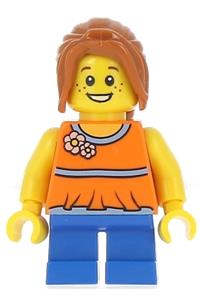 Girl Minifigure - Girl with dark orange hair in a ponytail with side bangs, wearing blue short legs - twn238