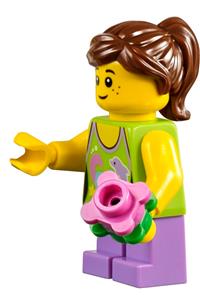 Girl Minifigure - Female minifigure with a dolphin top, reddish brown ponytail with swept sideways fringe, and short medium lavender legs - twn241