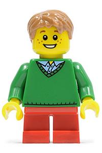 Boy in V-Neck Sweater Minifigure - Boy with green v-neck sweater and red short legs - twn242