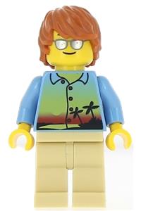 Dad Minifigure - Dad minifigure with a bright light orange sunset and palm trees shirt - twn245a