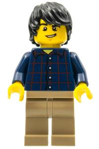 Male in Plaid Button Shirt - Minifigure with a plaid button shirt, black tousled hair, and dark tan legs - twn255