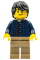 Minifigure with a plaid button shirt, black tousled hair, and dark tan legs - twn255