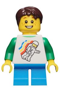 Boy with Classic Space Minifigure shirt - Minifigure with floating pattern in classic space theme, dark azure short legs, and dark brown short tousled hair - twn264