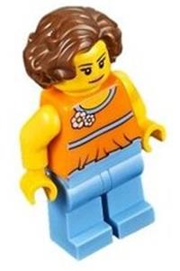 Female in Orange Jacket Minifigure - Minifigure wearing an orange halter top with medium blue trim and flowers, paired with medium blue legs and reddish brown short wavy hair - twn276