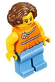 Minifigure wearing an orange halter top with medium blue trim and flowers, paired with medium blue legs and reddish brown short wavy hair - twn276