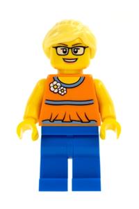 Female in Orange Jacket Minifigure - Minifigure with a bright light yellow ponytail and swept sideways fringe, wearing an orange halter top with medium blue trim and flower pattern, and blue legs - twn279
