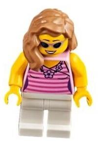 Female in Dark Pink Striped Top - Female minifigure with medium nougat hair over shoulder wearing a dark pink striped top and white legs - twn284