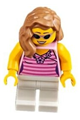 Female minifigure with medium nougat hair over shoulder wearing a dark pink striped top and white legs - twn284