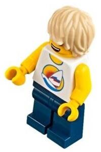 Male with Surfboard Shirt - Minifigure with tan tousled hair, standing on ocean with dark blue legs and surfboard - twn285