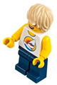 Minifigure with tan tousled hair, standing on ocean with dark blue legs and surfboard - twn285